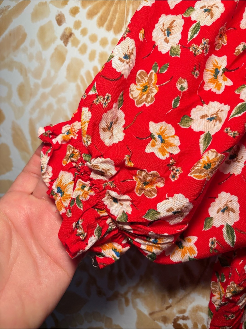 Red Floral Midi Dress Puff Sleeve Scoop Neck Fit Flare Cottagecore Boho Romantic - Picture 8 of 12